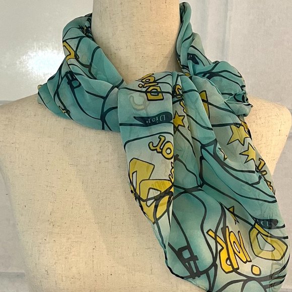 CHRISTIAN DIOR Vintage Silk Teal and Yellow Scarf - 25 x 25 " - Picture 3 of 6